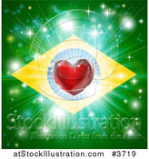 Vector Illustration of a Shiny Red Heart and Fireworks over a Brazil Flag by AtStockIllustration
