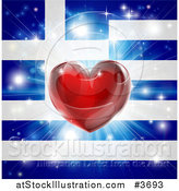 Vector Illustration of a Shiny Red Heart and Fireworks over a Greek Flag by AtStockIllustration