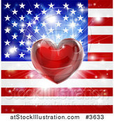 Vector Illustration of a Shiny Red Heart and Fireworks over an American Flag by AtStockIllustration