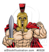 Vector Illustration of a Shirtless Muscular Gladiator Gladiator Man in a Helmet, Flexing His Bicep and Holding a Sword, from the Waist up by AtStockIllustration