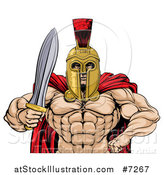 Vector Illustration of a Shirtless Muscular Gladiator Gladiator Man in a Helmet, Holding out a Sword, from the Waist up by AtStockIllustration