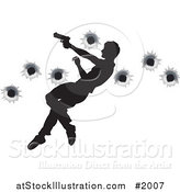 Vector Illustration of a Silhouetted Action Hero Leaping Through the Air and Shooting by AtStockIllustration