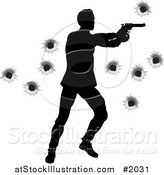 Vector Illustration of a Silhouetted Action Hero Shooting, over Bullet Holes by AtStockIllustration