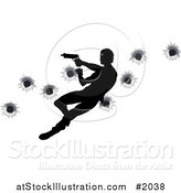 Vector Illustration of a Silhouetted Action Hero Shooting, over Bullet Holes by AtStockIllustration