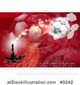 Vector Illustration of a Silhouetted Athlete Kicking a Soccer Ball over Red Waves Balls and Hexagons by AtStockIllustration