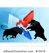 Vector Illustration of a Silhouetted Bear Vs Bull Stock Market Design with Arrows over a Graph by AtStockIllustration