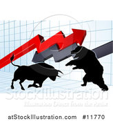 Vector Illustration of a Silhouetted Bear Vs Bull Stock Market Design with Arrows over a Graph by AtStockIllustration