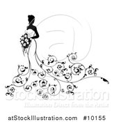 Vector Illustration of a Silhouetted Black and White Bride in a Wedding Gown, with Swirls by AtStockIllustration