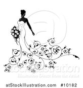 Vector Illustration of a Silhouetted Black and White Bride in a Wedding Gown, with Swirls by AtStockIllustration