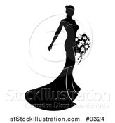 Vector Illustration of a Silhouetted Black and White Bride in Her Dress, Holding a Bouquet by AtStockIllustration