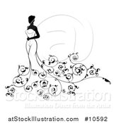 Vector Illustration of a Silhouetted Black and White Bride in Her Dress, with Swirls by AtStockIllustration