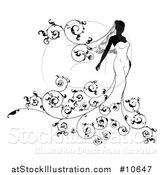 Vector Illustration of a Silhouetted Black and White Bride in Her Dress, with Swirls by AtStockIllustration