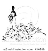 Vector Illustration of a Silhouetted Black and White Bride in Her Dress, with Swirls by AtStockIllustration