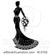 Vector Illustration of a Silhouetted Black and White Bride in Her Gown, Holding a Bouquet by AtStockIllustration