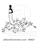 Vector Illustration of a Silhouetted Black and White Bride in Her Gown with Swirls by AtStockIllustration