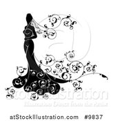 Vector Illustration of a Silhouetted Black and White Bride in Her Gown with Swirls by AtStockIllustration
