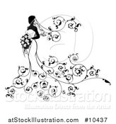 Vector Illustration of a Silhouetted Black and White Bride Posing in a Wedding Gown, with a Bouquet and Floral Swirls by AtStockIllustration