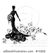 Vector Illustration of a Silhouetted Black and White Bride Posing in a Wedding Gown, with a Bouquet by AtStockIllustration