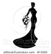 Vector Illustration of a Silhouetted Black and White Bride Posing in a Wedding Gown, with a Bouquet by AtStockIllustration
