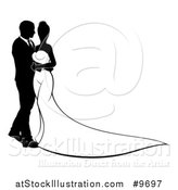 Vector Illustration of a Silhouetted Black and White Posing Bride and Groom by AtStockIllustration