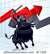 Vector Illustration of a Silhouetted Business Man Holding a Sword and Riding a Stock Market Bull Against a Graph with Arrows by AtStockIllustration