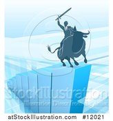 Vector Illustration of a Silhouetted Business Man Holding a Sword and Riding a Stock Market Bull on a Blue Bar Graph by AtStockIllustration