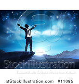 Vector Illustration of a Silhouetted Business Man in Worship, on a Cliff, Holding His Arms up to a Blue Sky over Mountains by AtStockIllustration
