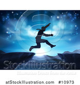 Vector Illustration of a Silhouetted Business Man Leaping a Mountainous Gap over a Blue Sunrise by AtStockIllustration