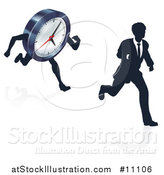 Vector Illustration of a Silhouetted Business Man Racing a Clock Character, with a Reflection by AtStockIllustration