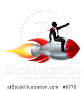 Vector Illustration of a Silhouetted Business Man Sitting on a 3d Rocket and Pointing Forward by AtStockIllustration