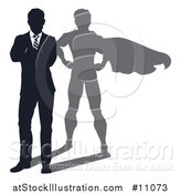 Vector Illustration of a Silhouetted Business Man Standing with Folded Arms and a Super Hero Shadow by AtStockIllustration