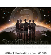 Vector Illustration of a Silhouetted Business Team over a Globe with Dawn Emerging by AtStockIllustration