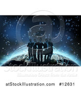 Vector Illustration of a Silhouetted Business Team Standing on a Globe with Glowing Paths by AtStockIllustration