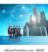 Vector Illustration of a Silhouetted Business Team Standing over a Blue Skyscraper Background by AtStockIllustration