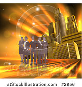 Vector Illustration of a Silhouetted Business Team Standing over a Golden Skyscraper Background by AtStockIllustration