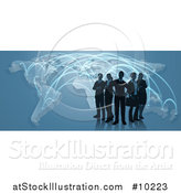 Vector Illustration of a Silhouetted Business Team Standing over a Map with Glowing Paths on Blue by AtStockIllustration