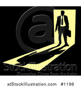 Vector Illustration of a Silhouetted Businessman Carrying a Briefcase, Standing in a Doorway with Bright Light from Behind, Casting a Shadow in Front of Him in a Dark Room, Symbolizing the Unknown Future by AtStockIllustration