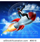 Vector Illustration of a Silhouetted Businessman Sitting on a 3d Rocket and Pointing Forward over a Blue Sky by AtStockIllustration