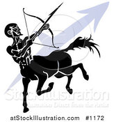 Vector Illustration of a Silhouetted Centaur Shooting an Arrow over a Blue Sagittarius Astrological Sign of the Zodiac by AtStockIllustration