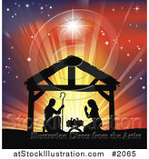 Vector Illustration of a Silhouetted Christian Christmas Nativity Scene Against a Colorful Shining Sky by AtStockIllustration