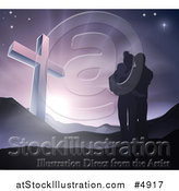 Vector Illustration of a Silhouetted Christian Family Huddling near a Cross at Dawn by AtStockIllustration