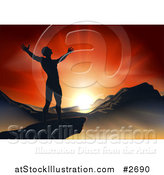 Vector Illustration of a Silhouetted Christian Man Praising Under an Orange Sunset over a Mountainous Landscape by AtStockIllustration