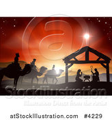 Vector Illustration of a Silhouetted Christmas Nativity Scene at the Manger with the Star of Bethlehem and Sunset by AtStockIllustration