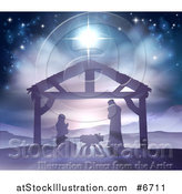 Vector Illustration of a Silhouetted Christmas Nativity Scene at the Manger with the Star of Bethlehem, Mary, Joseph and Baby Jesus by AtStockIllustration