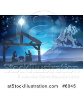 Vector Illustration of a Silhouetted Christmas Nativity Scene at the Manger with the Star of Bethlehem, Wise Men and Star by AtStockIllustration