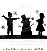 Vector Illustration of a Silhouetted Christmas Snowman with Children by AtStockIllustration