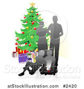 Vector Illustration of a Silhouetted Family Opening Christmas Gifts by a Tree by AtStockIllustration