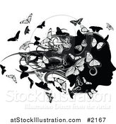 Vector Illustration of a Silhouetted Female Head with Butterflies by AtStockIllustration