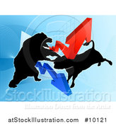 Vector Illustration of a Silhouetted Fighting Bear Vs Bull Stock Market Design with Arrows over a Graph by AtStockIllustration