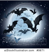 Vector Illustration of a Silhouetted Flying Vampire Bats and a Full Moon by AtStockIllustration